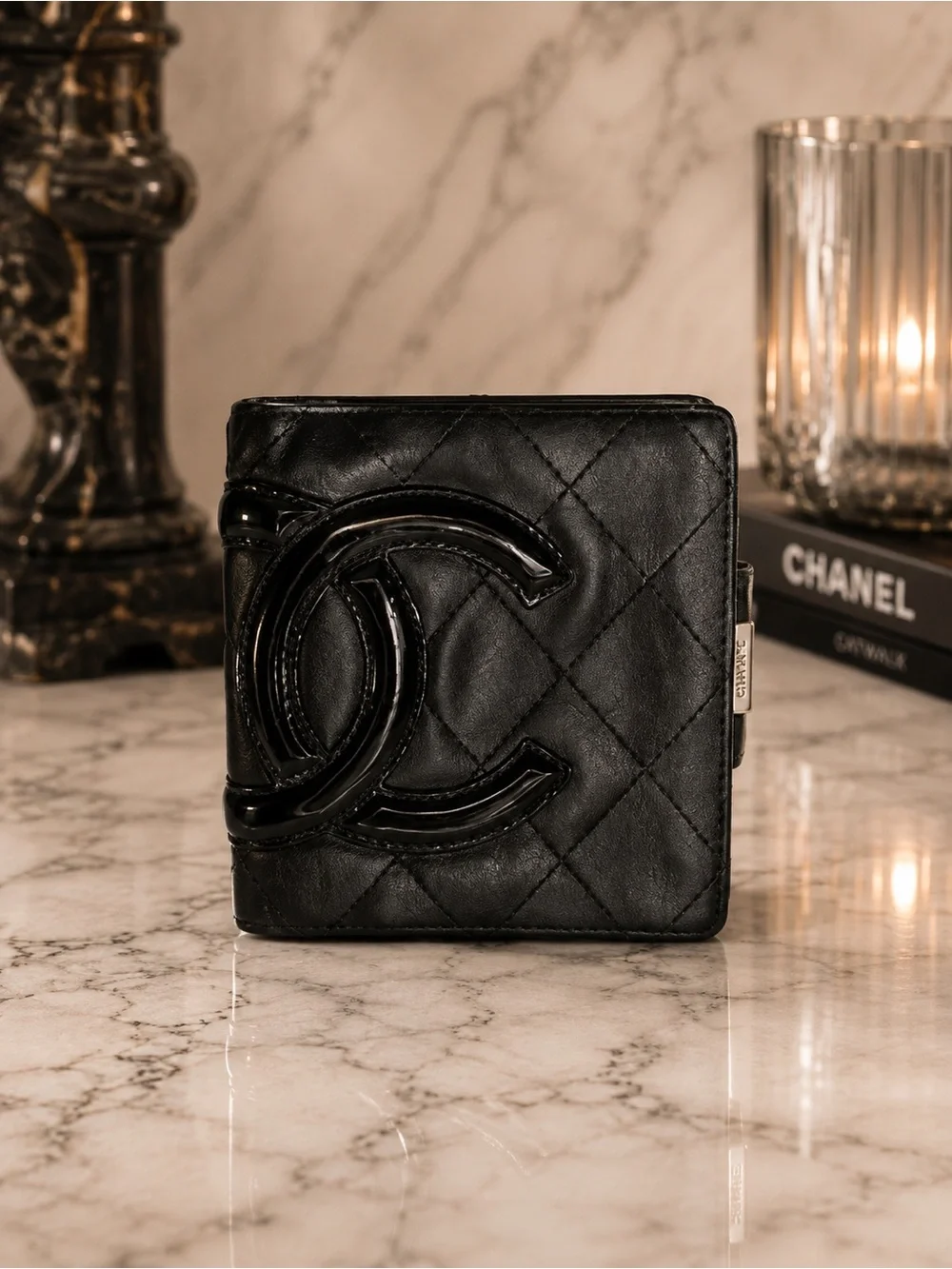 Chanel Cambon Ligne Black Quilted Snap Bifold Wallet | Black CC | Pink Interior